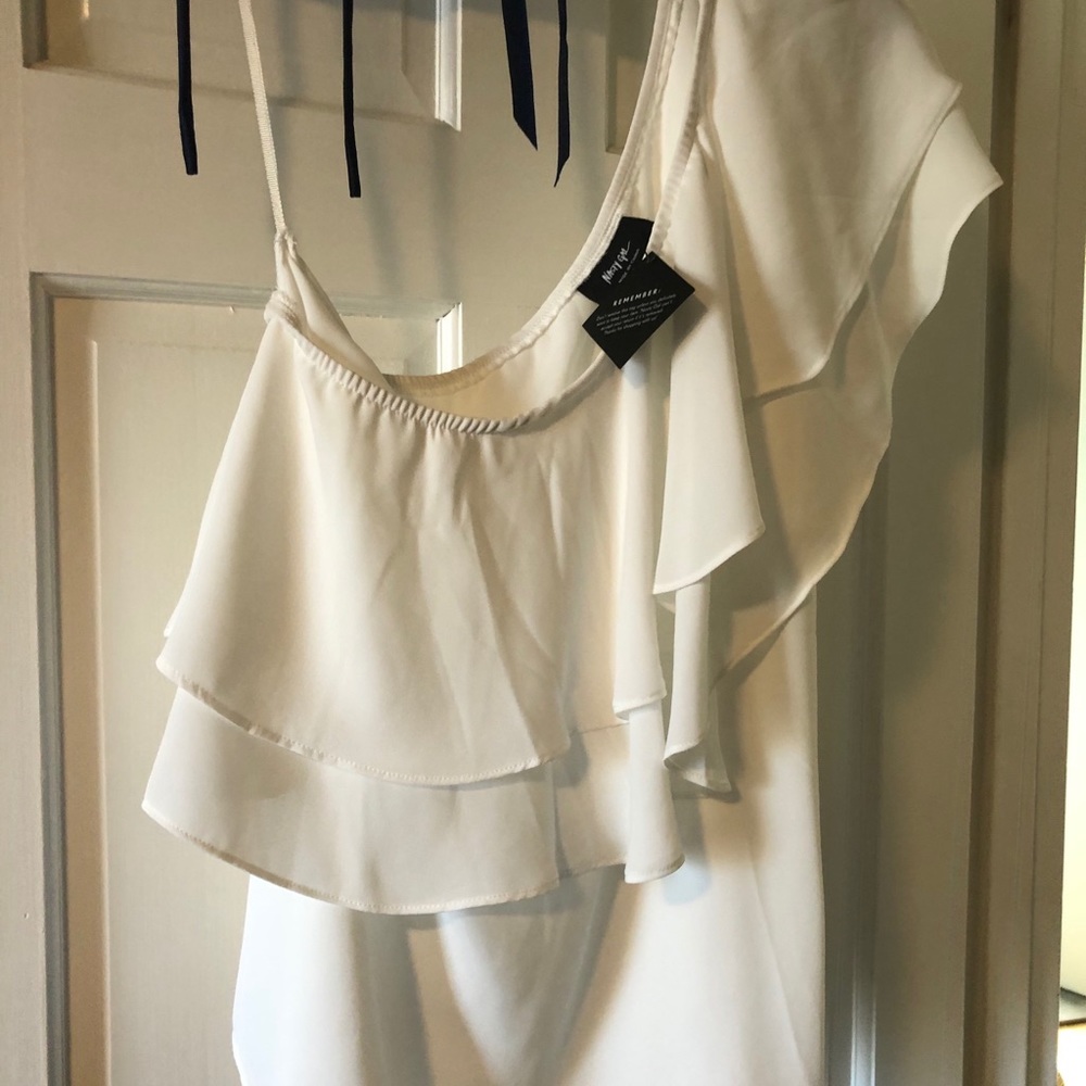 One shoulder white top